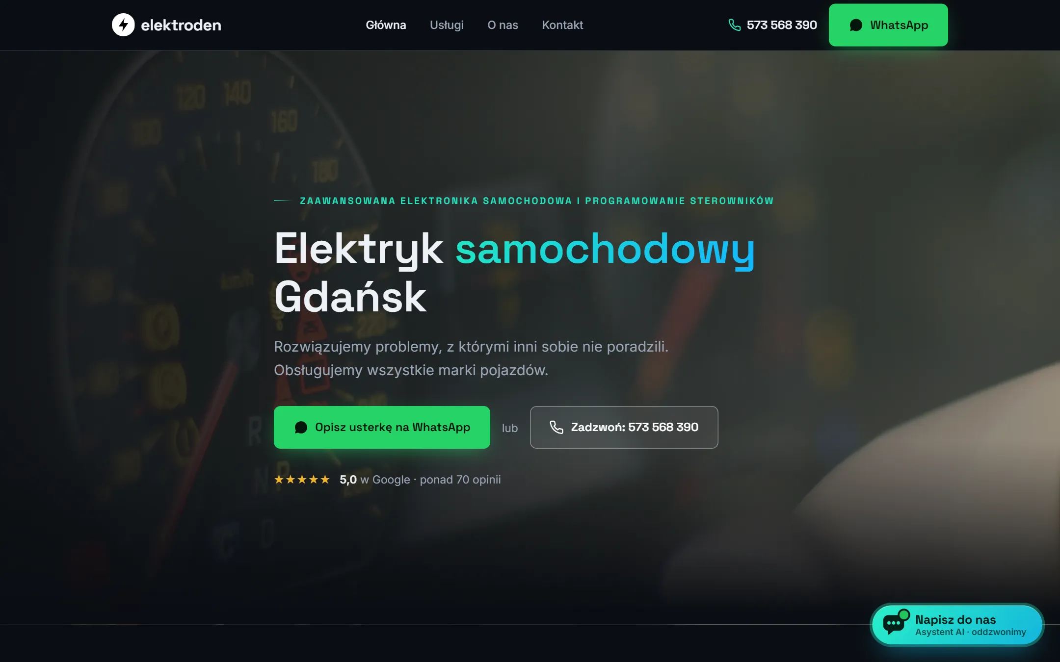 Elektroden homepage: auto electrician in Gdansk, call and WhatsApp buttons, 5.0 Google rating