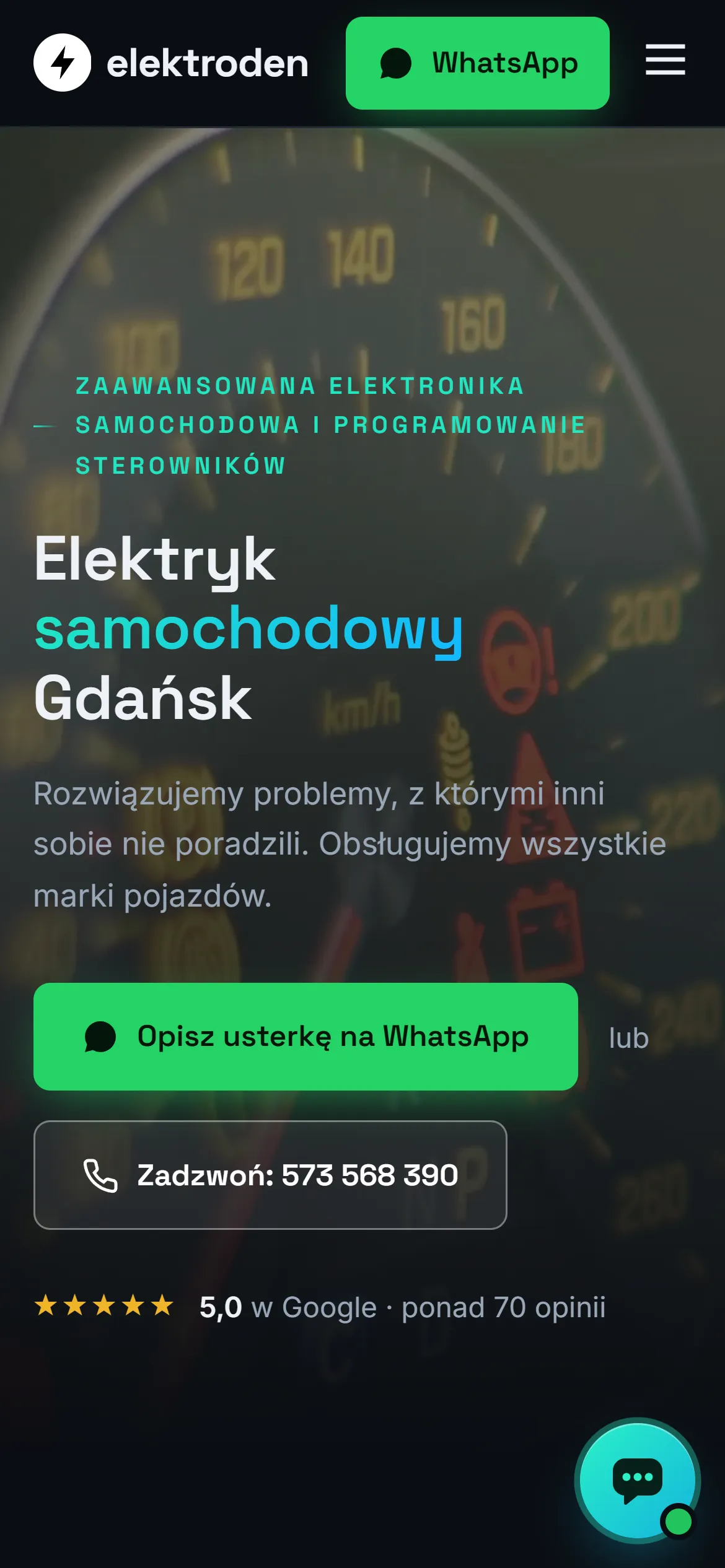 Elektroden website on a phone with the AI chat button